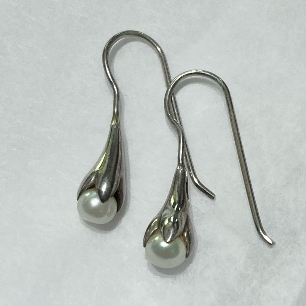 MWS Floral Form Natural Pearl in Sterling Silver Dangle Earrings